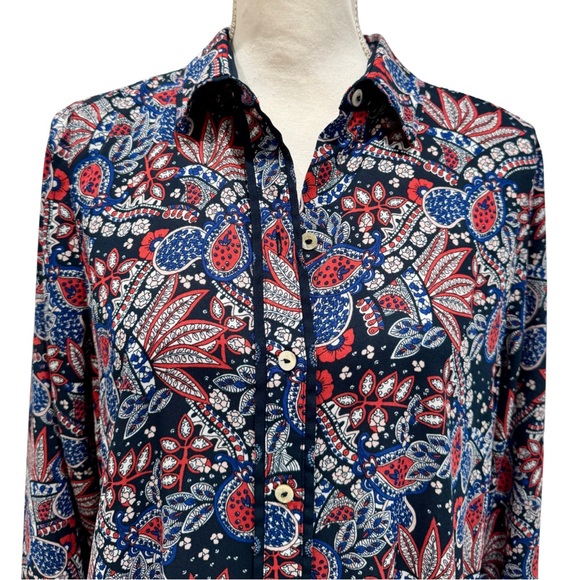 NWOT Foxcroft Red, White & Blue Paisley Collared Shirt Dress | Long Sleeves (8) - Picture 5 of 16